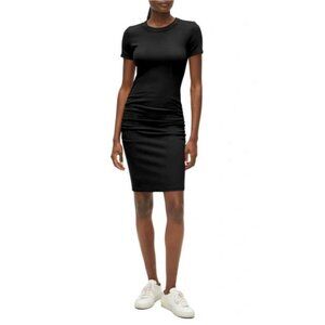 Michael Stars Katie Ribbed Crew Neck Short Sleeve Ruched Dress Medium